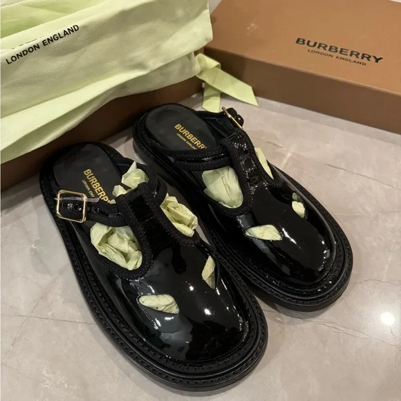 Burberry Shoes Patent Leather Tbar Mules 36 Poshmark